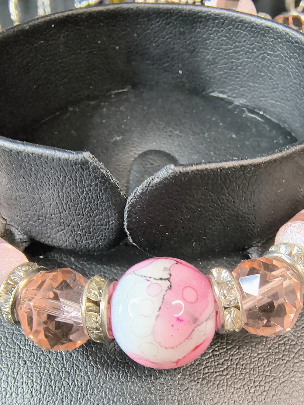 Vintage Pink Art Glass Beaded Bracelet Rhinestone Stretch Statement